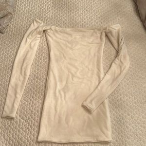 Are You Am I Off The Shoulder Cream Mini Dress
